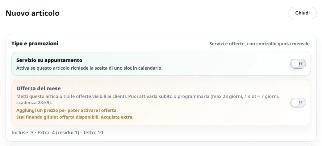 Schermata Fleety per creare un nuovo articolo